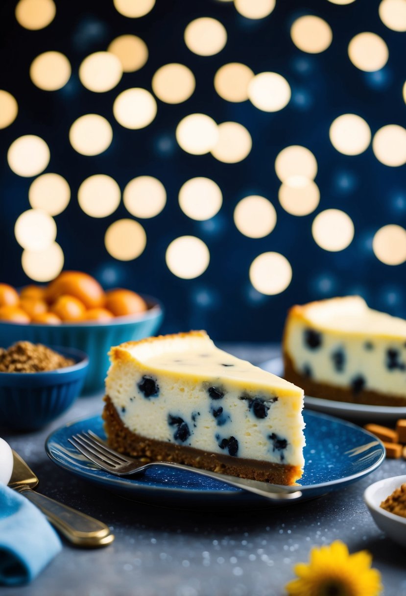 A slice of milkyway cheesecake surrounded by ingredients and a starry backdrop