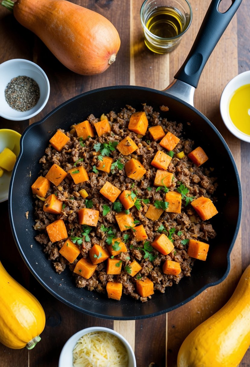 A skillet sizzling with sweet potato and ground beef hash, surrounded by colorful squash and recipe ingredients