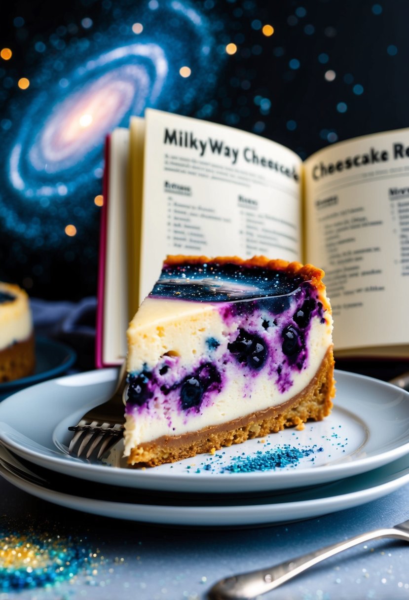 A slice of Milky Way Galaxy Cheesecake surrounded by swirling galaxies and stardust, with a recipe book open to milkyway cheesecake recipes in the background