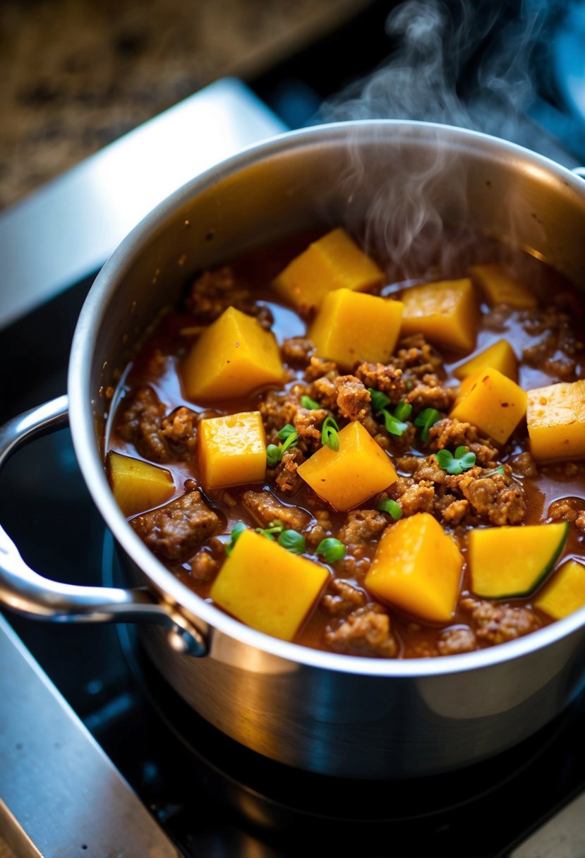 A steaming pot of spicy kabocha squash and beef chili simmers on a stovetop, with chunks of squash and ground beef visible in the rich, aromatic broth