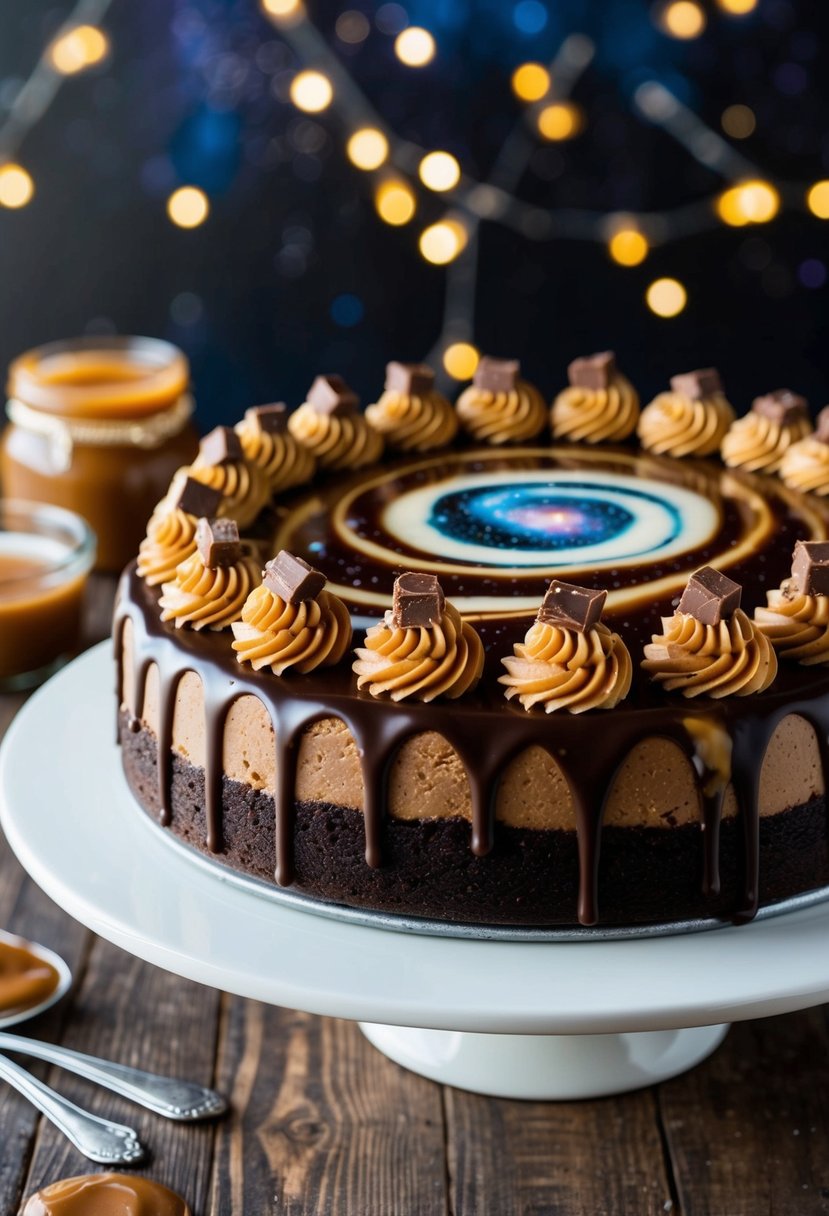 A decadent chocolate caramel cheesecake with a Milky Way galaxy theme, topped with swirls of creamy caramel and chunks of chocolate