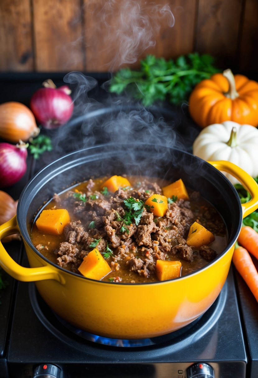 A steaming pot of ground beef and pumpkin squash stew simmering on a rustic stove. Onions, carrots, and herbs scattered around