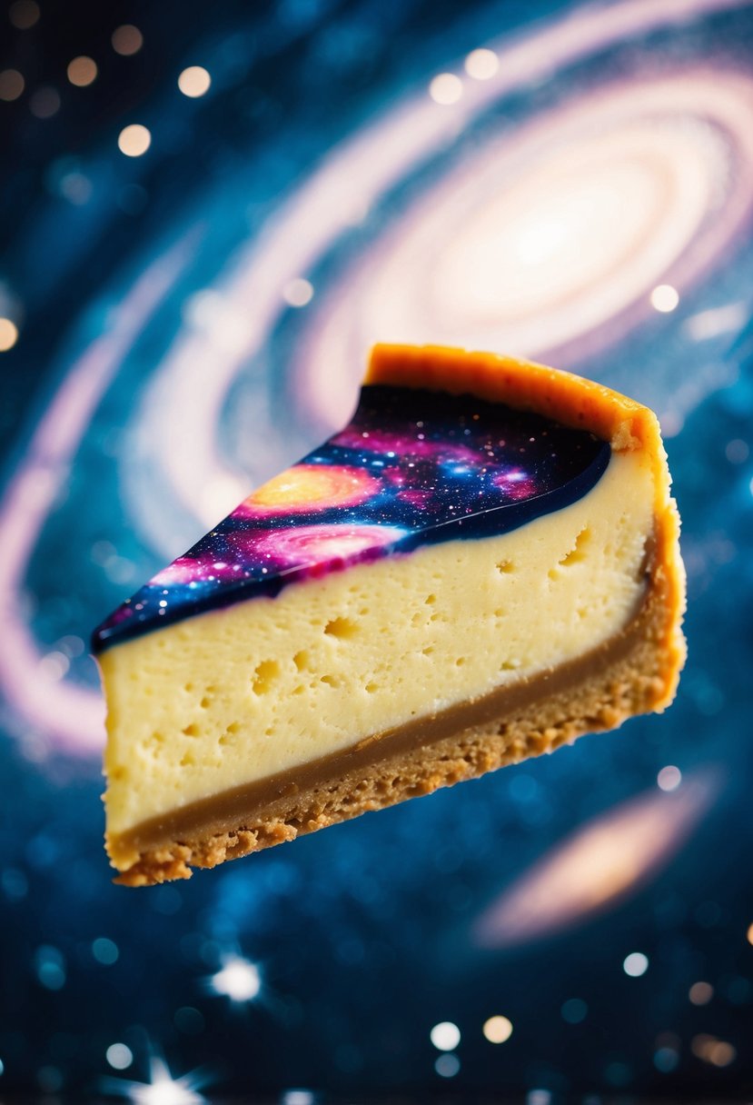 A slice of cosmic cheesecake floating in space, with swirling galaxies and stars in the background