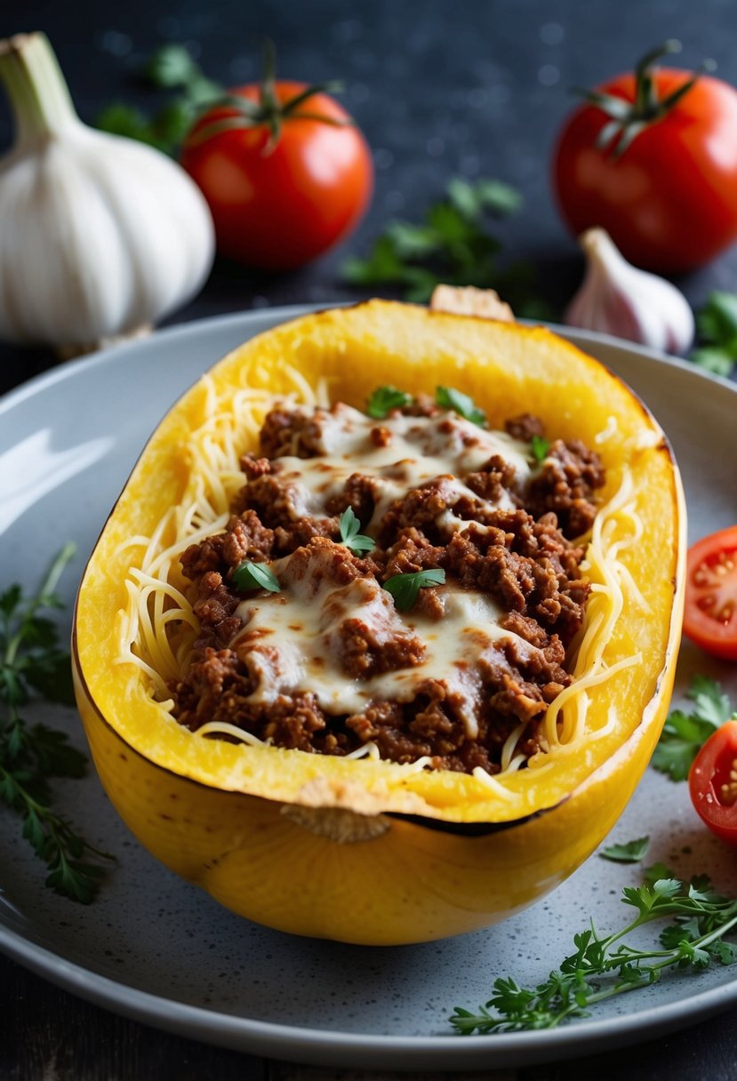 A spaghetti squash split open and filled with lasagna-style ground beef and cheese, surrounded by ingredients like tomatoes, garlic, and herbs