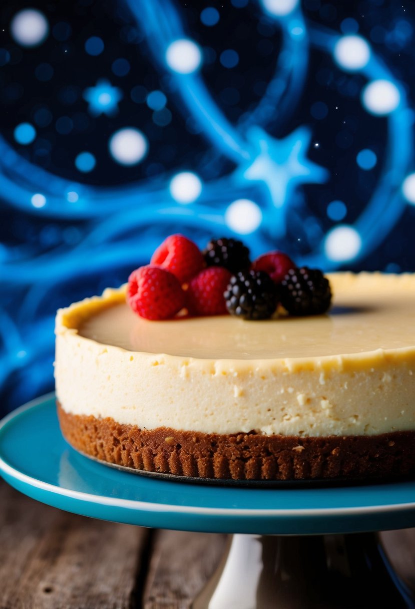 A creamy cheesecake sits under a starry night sky, with swirls of blue and white resembling the Milky Way