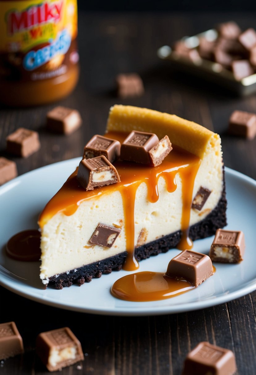 A slice of Milky Way candy bar-infused cheesecake on a plate, surrounded by scattered candy bar pieces and a drizzle of caramel sauce