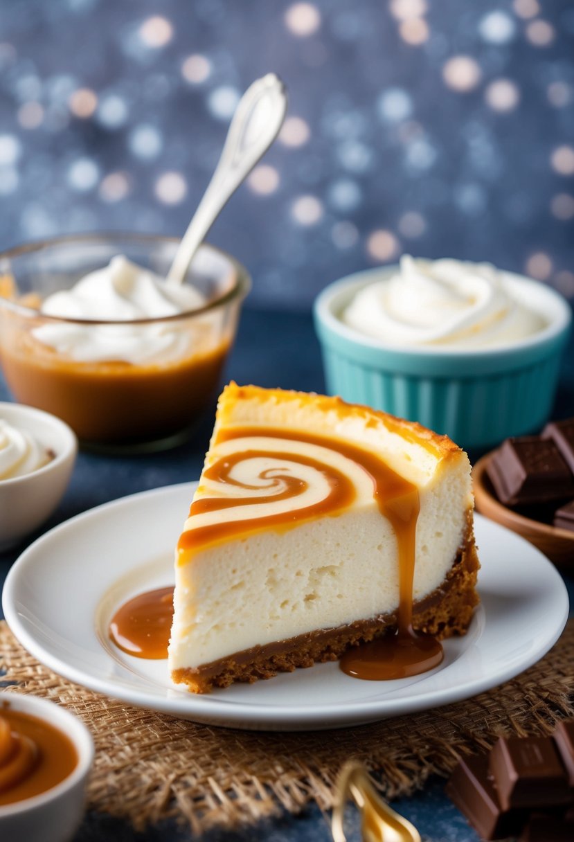 A slice of milkyway cheesecake topped with a caramel swirl and surrounded by ingredients like cream, chocolate, and caramel sauce