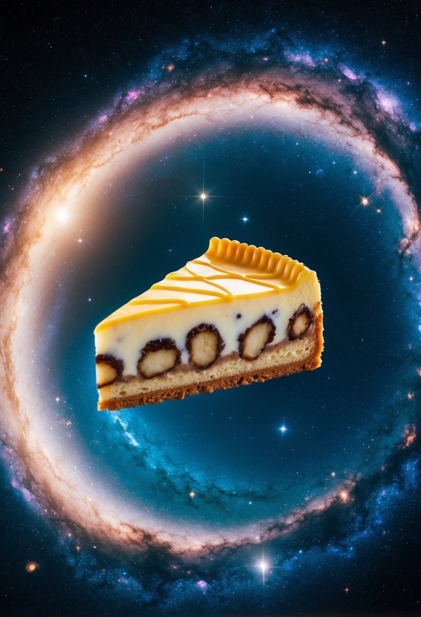 A cosmic landscape with swirling galaxies and stars, with a large slice of Nutty Delight Milkyway Cheesecake floating in the center