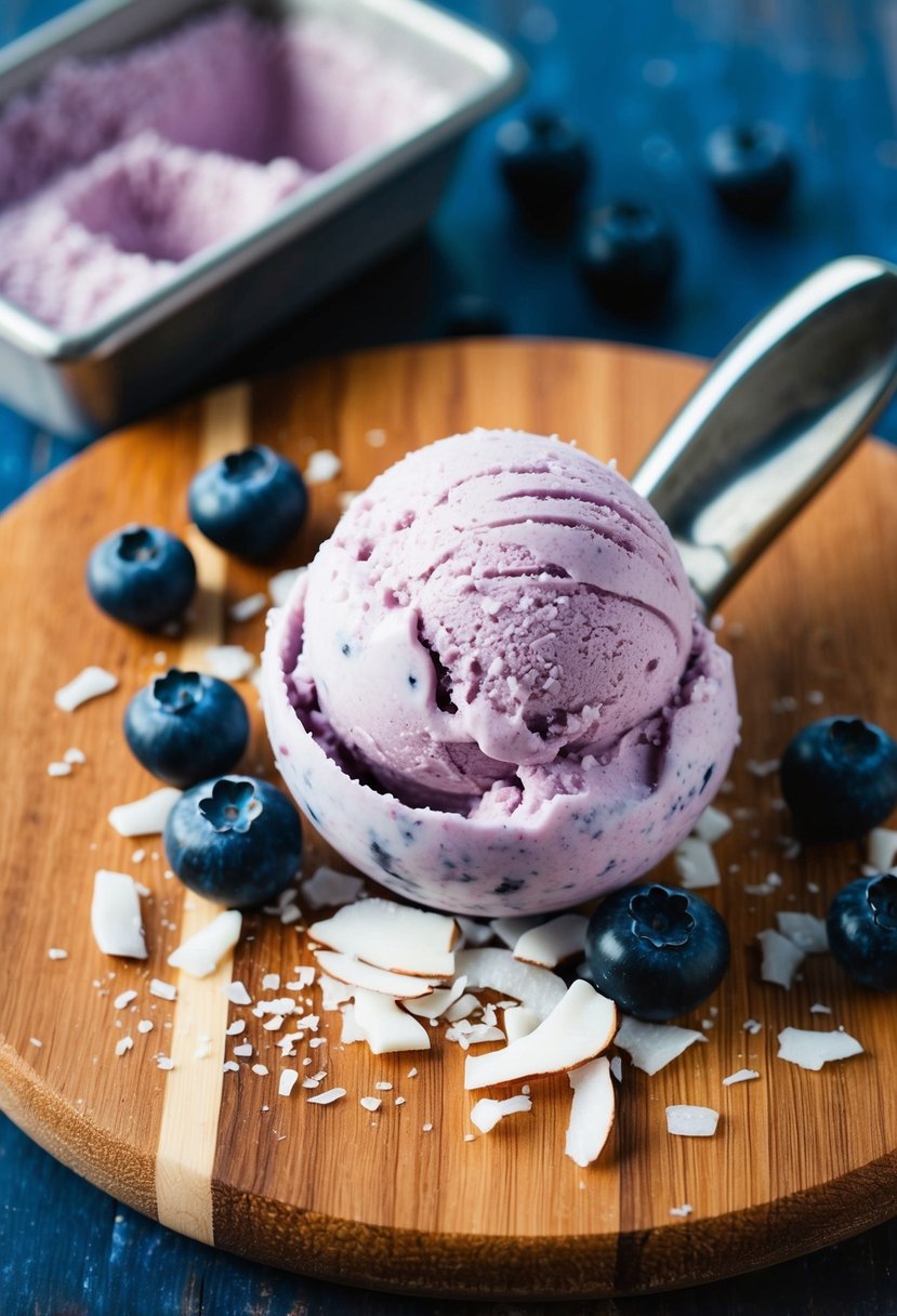 A scoop of blueberry coconut ice cream surrounded by fresh blueberries and coconut flakes on a wooden serving board