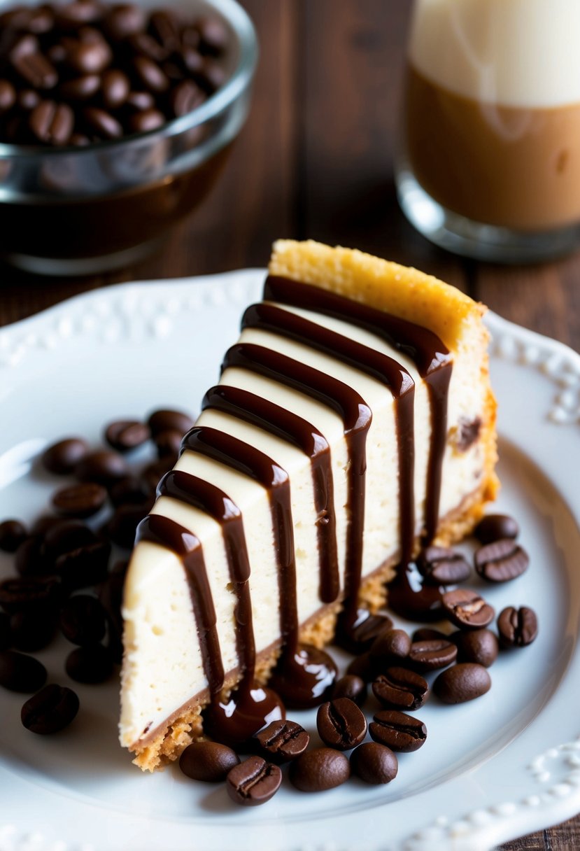 A slice of Milky Way Mocha Cheesecake surrounded by coffee beans and drizzled with chocolate sauce on a white porcelain plate