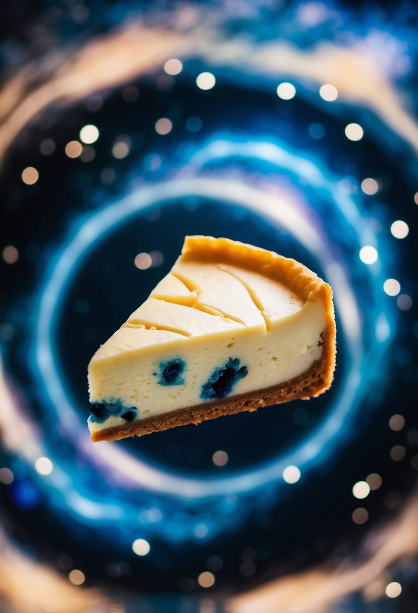 A slice of cosmic vanilla dream milkyway cheesecake floating in space with swirling galaxies and twinkling stars in the background