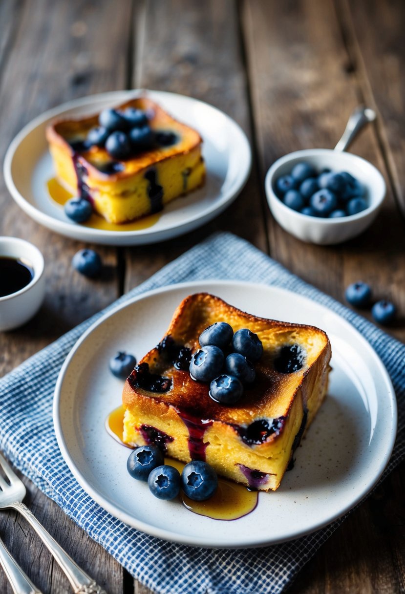 A rustic kitchen table set with a golden brown vegan blueberry French toast casserole, topped with fresh blueberries and a drizzle of maple syrup