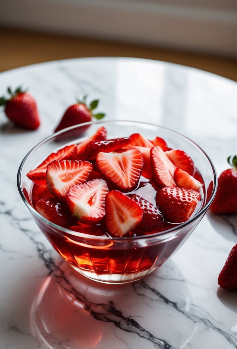 A bowl of jello salad with sliced strawberries on a marble table