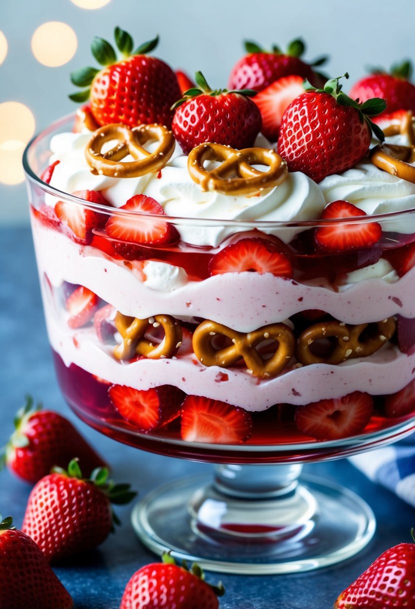 A glass dish filled with layers of strawberry jello, pretzels, and whipped cream, topped with fresh strawberries