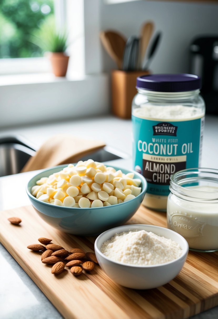 A kitchen counter with a bowl of white chocolate chips, almond flour, and a jar of coconut oil