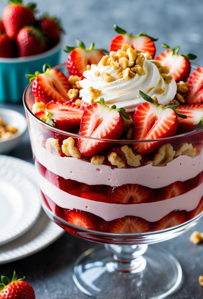 A glass dish filled with layers of strawberry jello, whipped cream, and fresh sliced strawberries, topped with a sprinkle of crushed walnuts