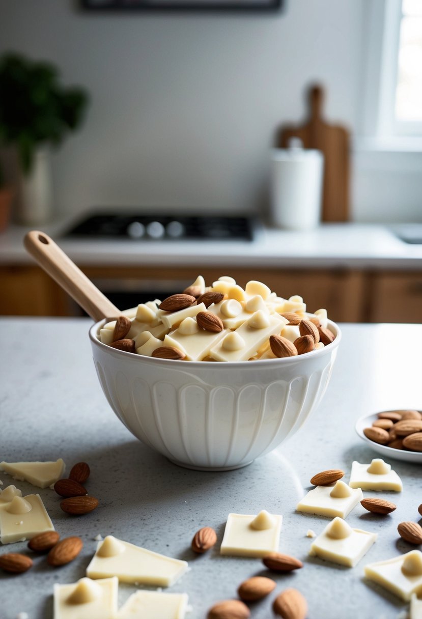 A kitchen counter with a mixing bowl filled with Lily's low-carb white chocolate chips and almonds, ready to be turned into a keto-friendly almond bark