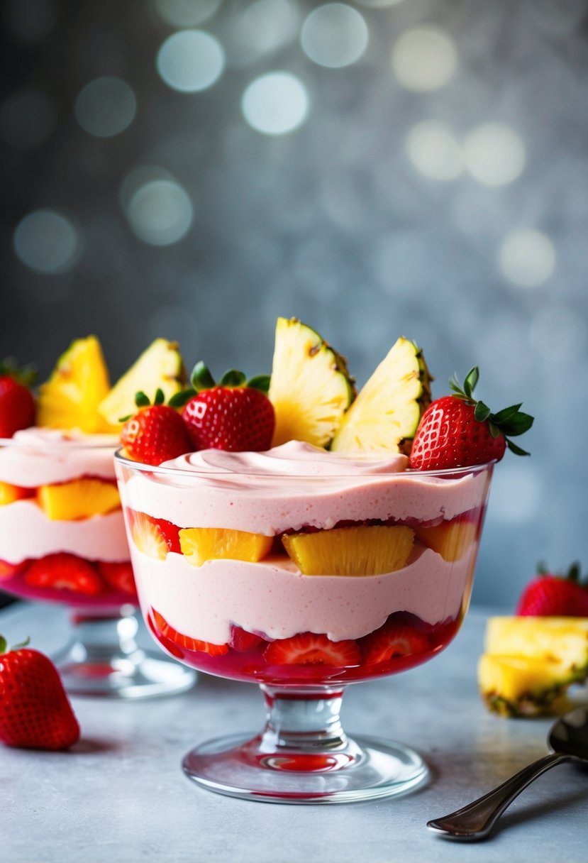 A glass bowl filled with layers of creamy strawberry and pineapple jello, topped with fresh fruit slices