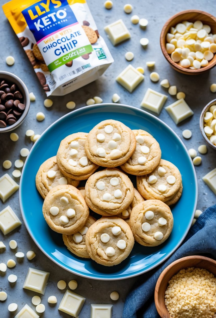 A plate of keto white chocolate chip cookies surrounded by lily's white chocolate chips and ingredients for keto recipes