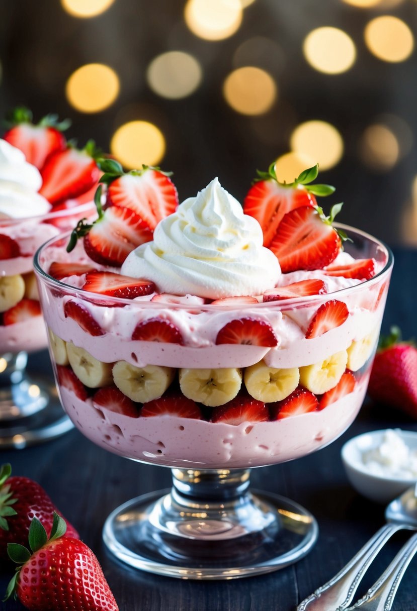 A clear glass bowl filled with layered strawberry banana jello fluff salad, topped with whipped cream and sliced strawberries