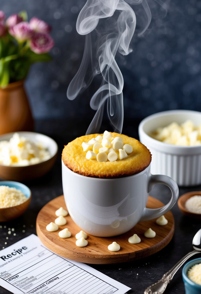 A steaming mug cake topped with white chocolate chips, surrounded by ingredients and a recipe card