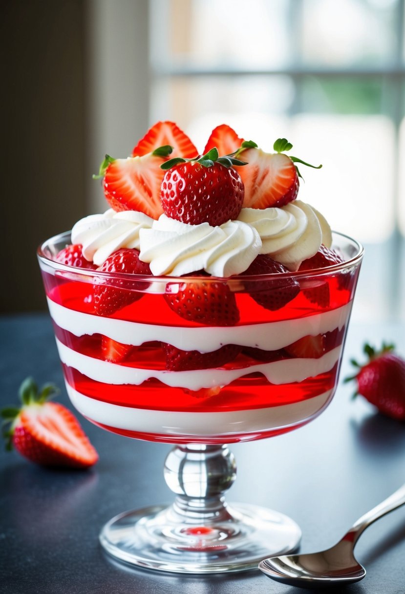 A clear glass dish filled with layered red and white jello, topped with sliced strawberries and whipped cream