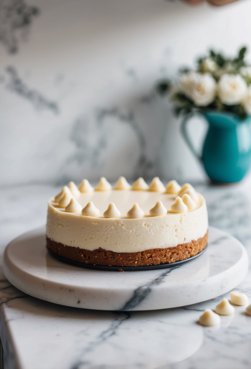 A no-bake keto cheesecake sits on a marble countertop, topped with lily's white chocolate chips