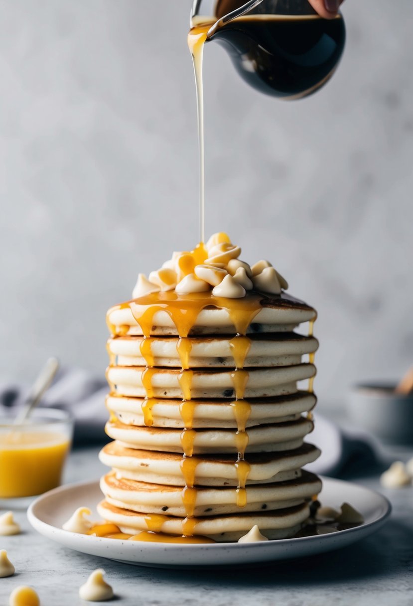 A stack of keto white chocolate chip pancakes topped with melted white chocolate chips and drizzled with sugar-free syrup