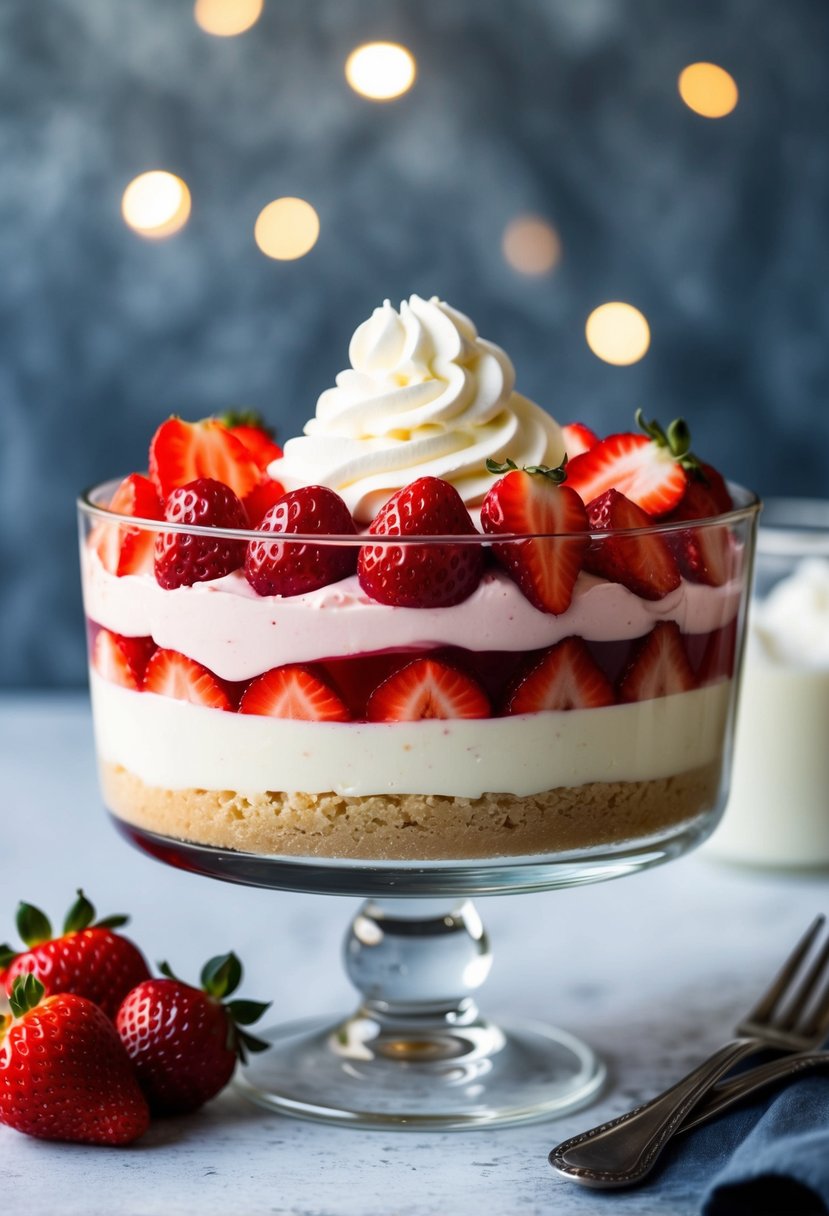 A glass bowl filled with layers of creamy cheesecake, vibrant red strawberry jello, and fresh sliced strawberries, topped with a dollop of whipped cream