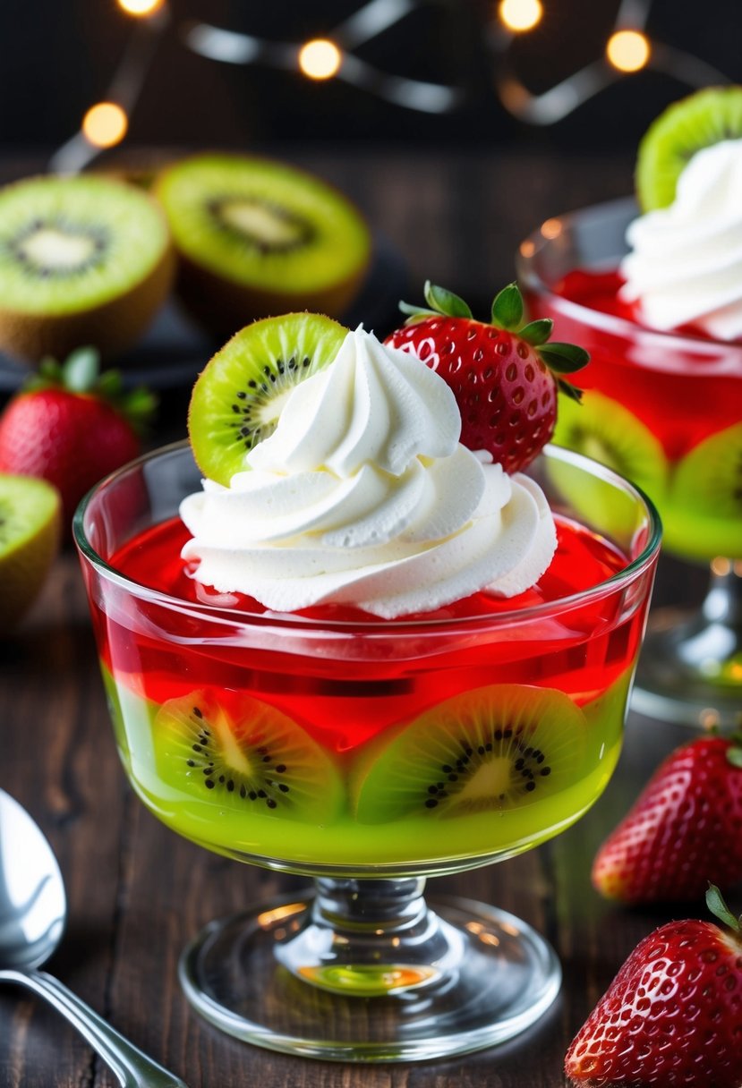 A clear glass bowl filled with layers of vibrant green kiwi and red strawberry jello, topped with a dollop of whipped cream