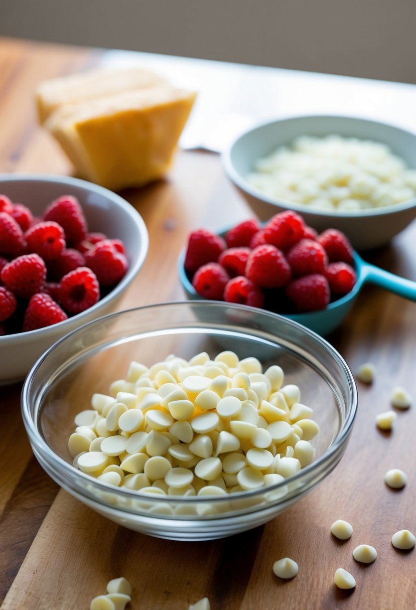 A table with ingredients: white chocolate chips, raspberries, and a mixing bowl