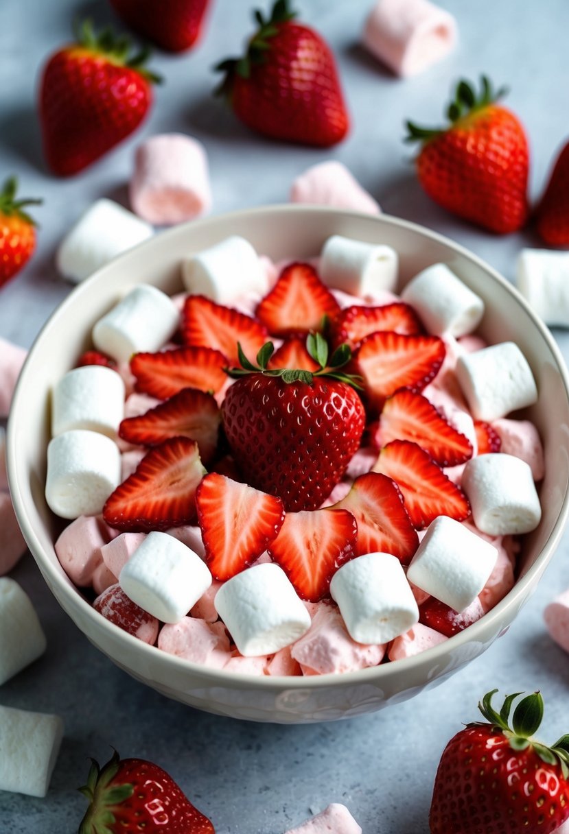 A bowl of Strawberry Marshmallow Cloud Salad surrounded by fresh strawberries and fluffy marshmallows