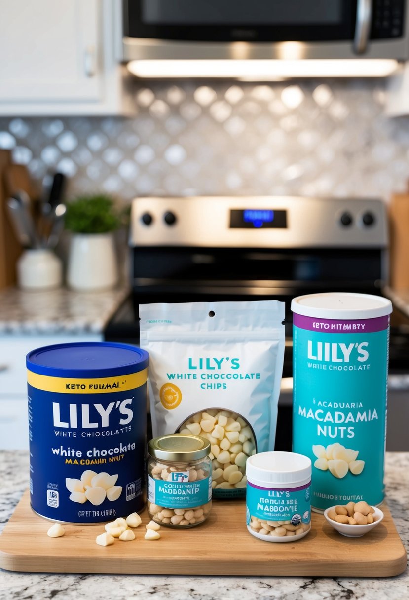 A kitchen counter with ingredients: Lily's white chocolate chips, macadamia nuts, and other keto-friendly items for making white chocolate macadamia nut bars