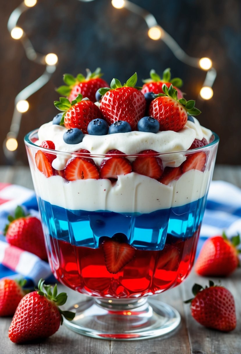 A glass bowl filled with layers of red, white, and blue strawberry Jello salad, topped with fresh strawberries