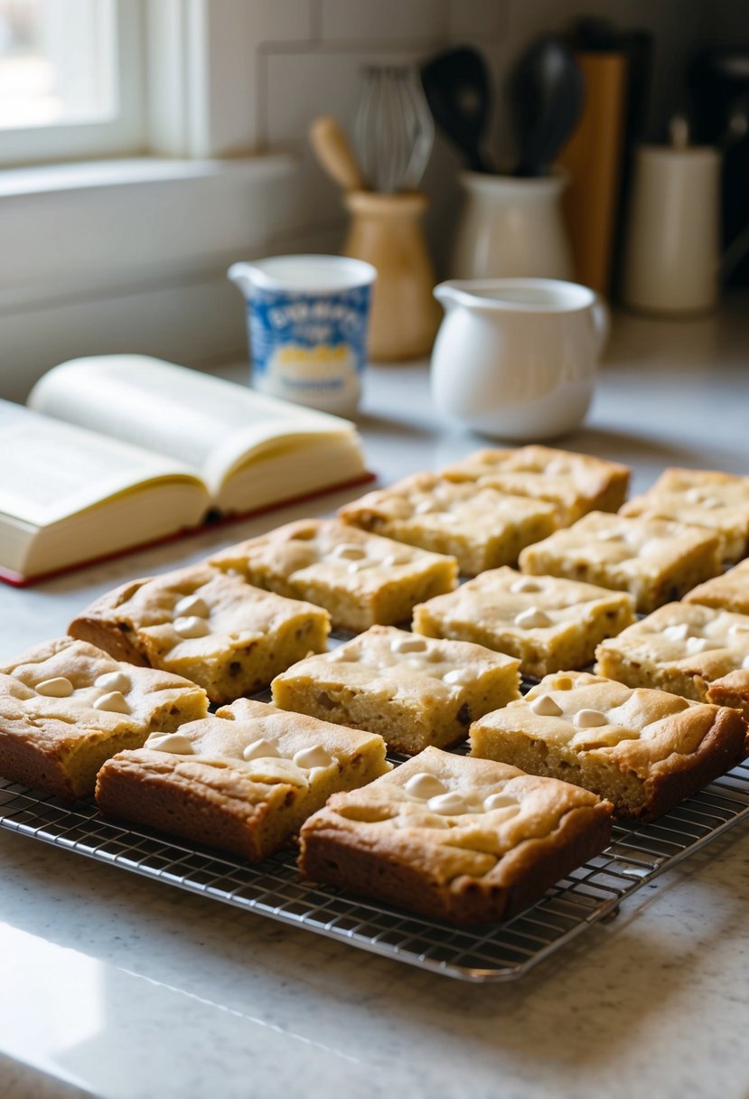 A kitchen counter with a tray of freshly baked white chocolate chip blondies cooling on a wire rack. Ingredients and recipe book nearby