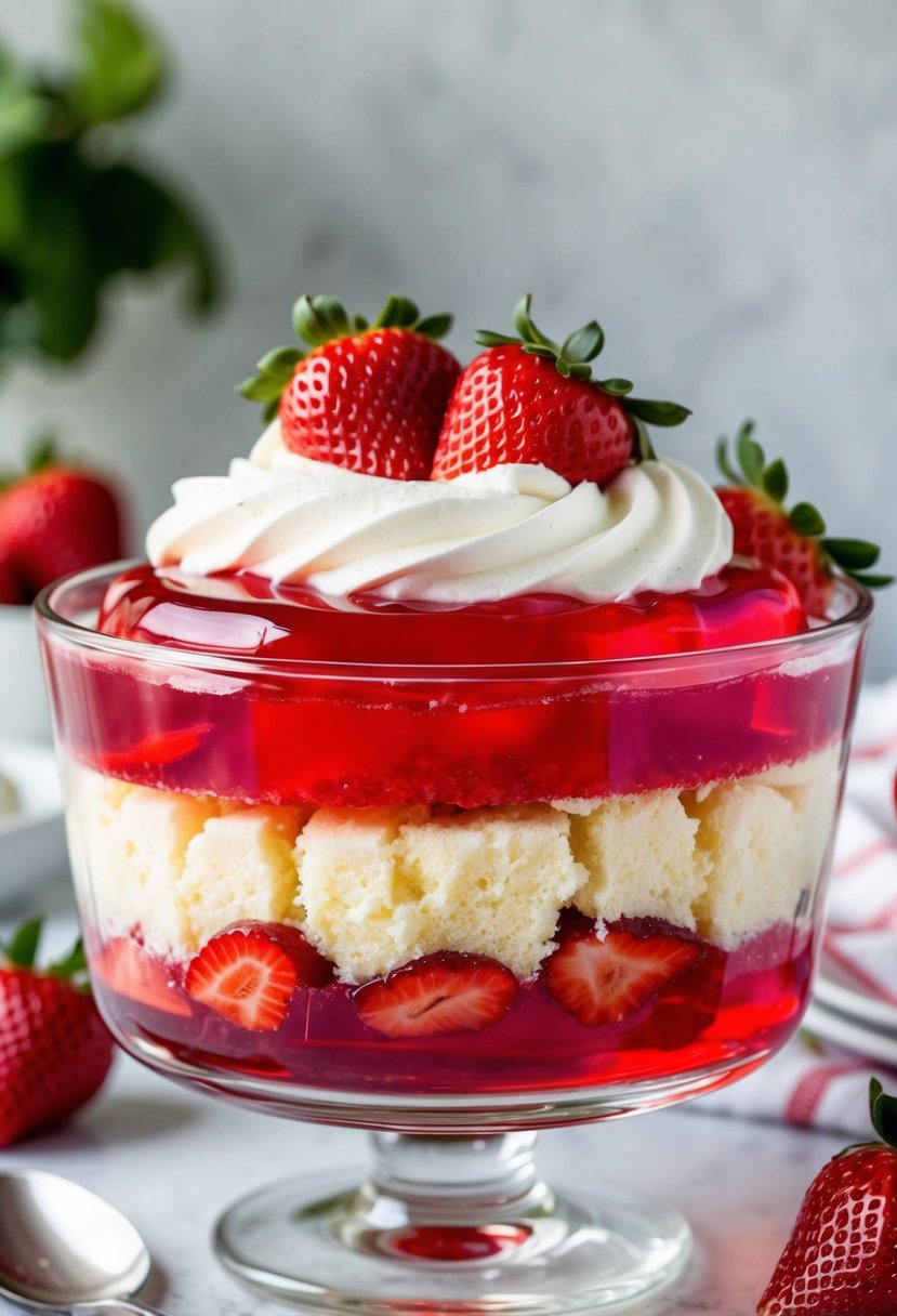 A glass bowl filled with layers of vibrant red strawberry jello, fluffy angel food cake, and creamy white whipped topping