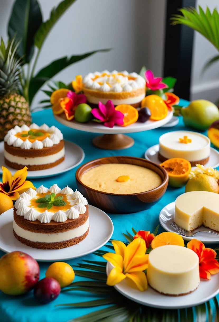 A table filled with colorful and delicious Costa Rican desserts, including tres leches cake, arroz con leche, and flan, surrounded by tropical fruits and vibrant flowers