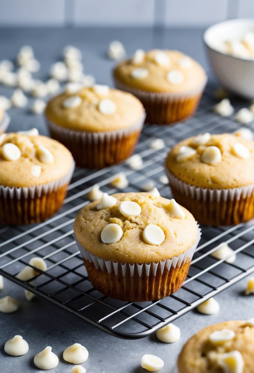 A batch of keto white chocolate chip muffins cooling on a wire rack, surrounded by scattered lily's white chocolate chips