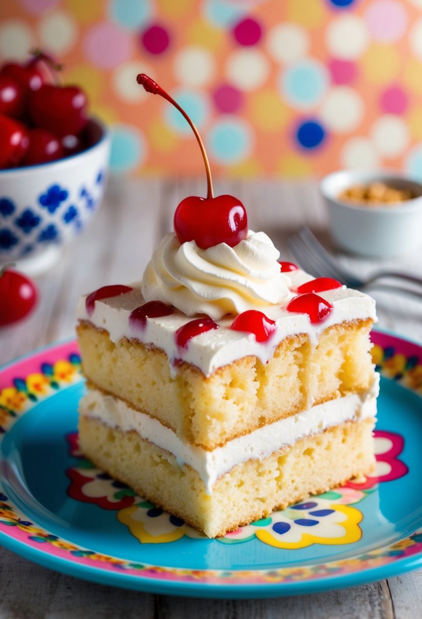 A slice of Tres Leches Cake topped with whipped cream and a cherry, served on a colorful plate with a decorative background