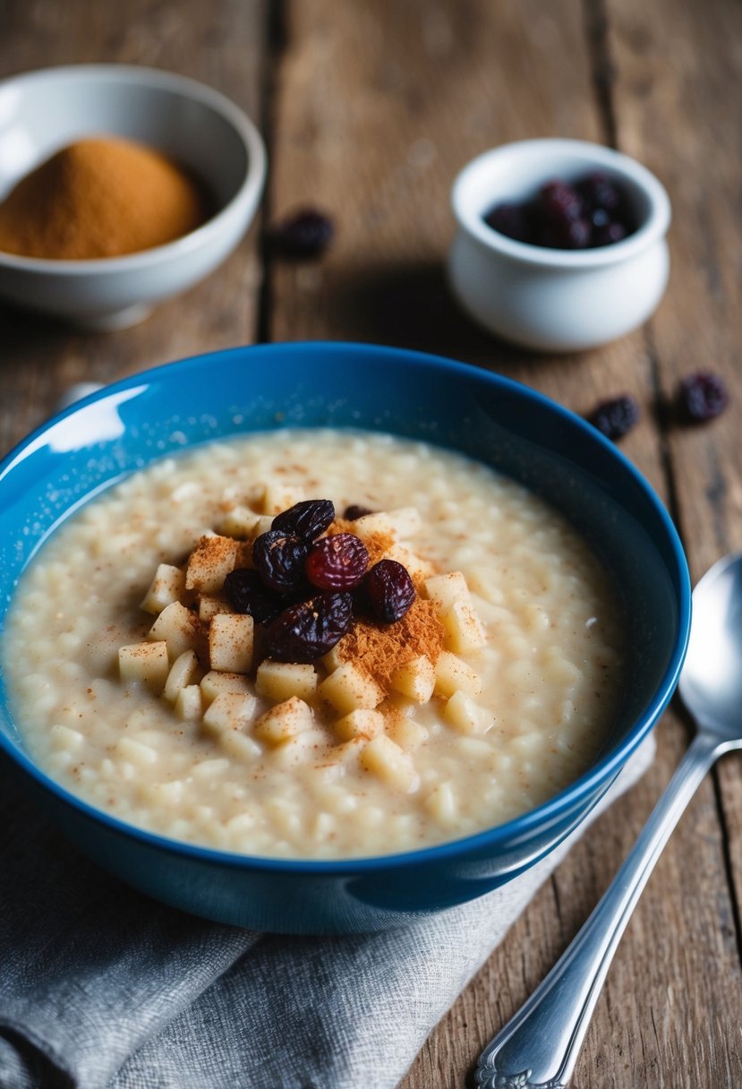 A bowl of arroz con leche sits on a rustic wooden table, garnished with a sprinkle of cinnamon and a few raisins