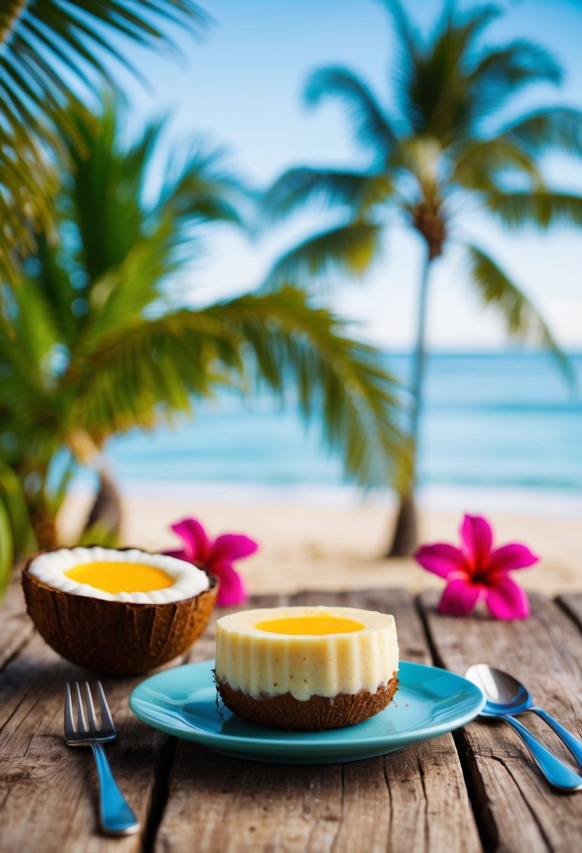 A tropical beach setting with a coconut flan dessert on a rustic wooden table. Palm trees and vibrant flowers in the background