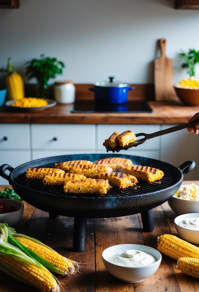 A rustic kitchen with a traditional Costa Rican comal grilling chorreadas, surrounded by fresh ingredients like corn, cheese, and sour cream