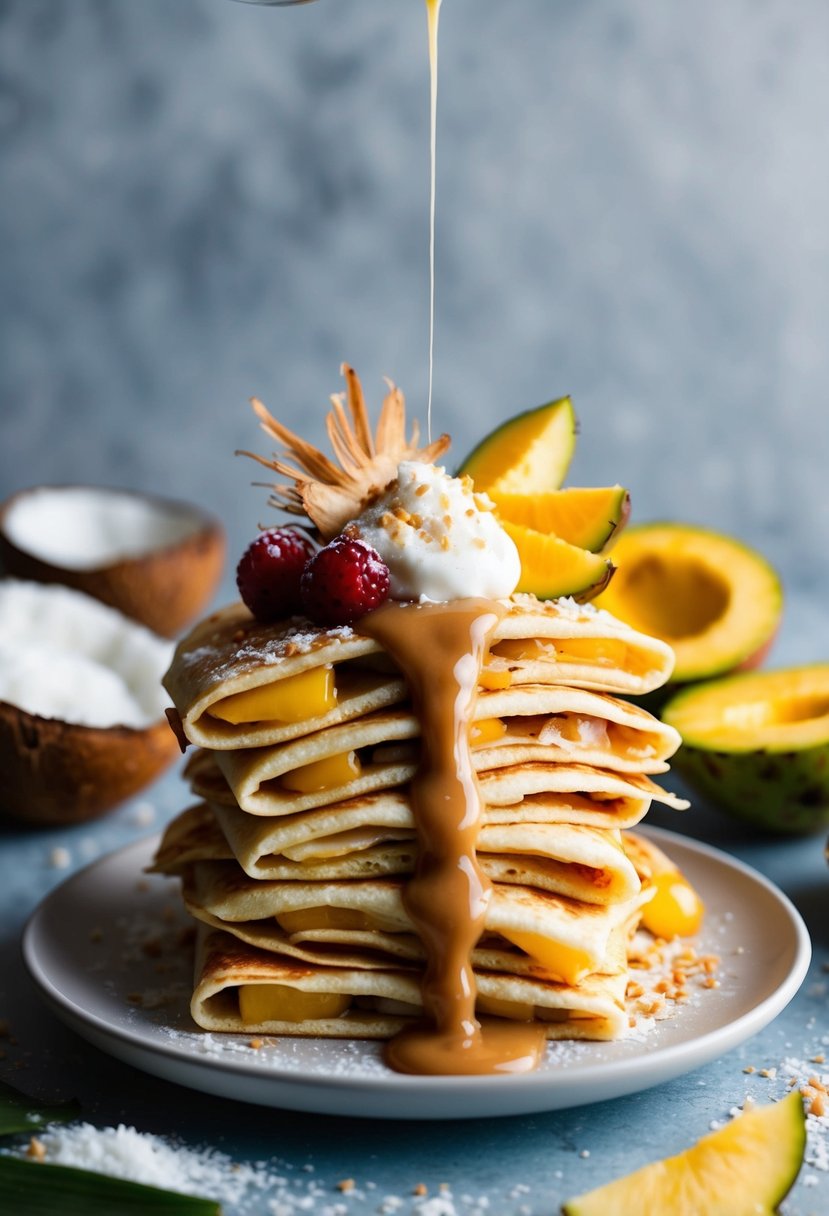 A stack of delicate crepes drizzled with rich cajeta sauce, garnished with fresh tropical fruit and a sprinkle of toasted coconut