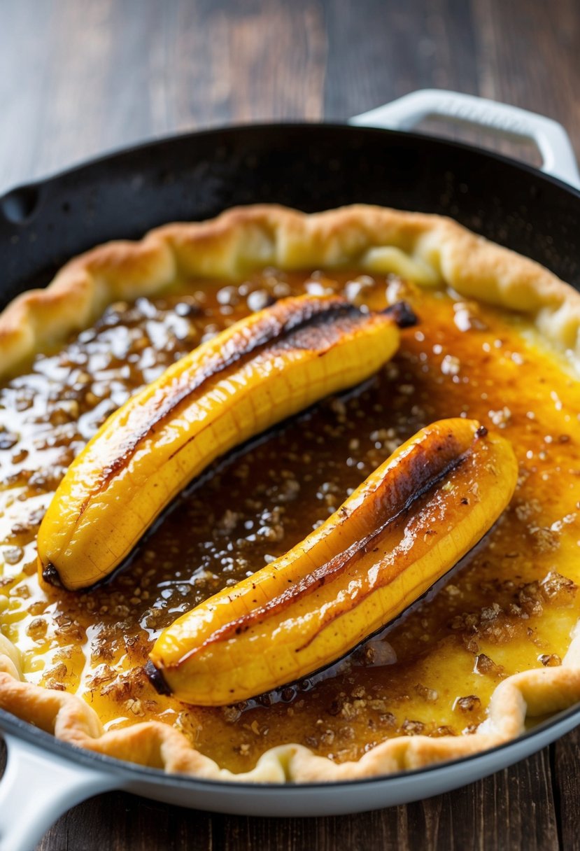 Ripe plantains caramelizing in a skillet, surrounded by bubbling sugar and butter, ready to be flipped onto a golden pastry crust