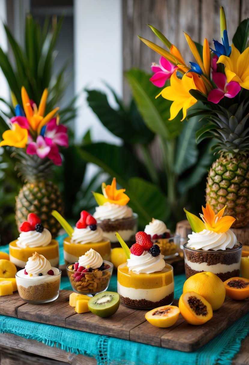 A colorful display of traditional Costa Rican desserts, including Suspiro de Tico, arranged on a rustic wooden table with tropical fruits and vibrant flowers as decoration