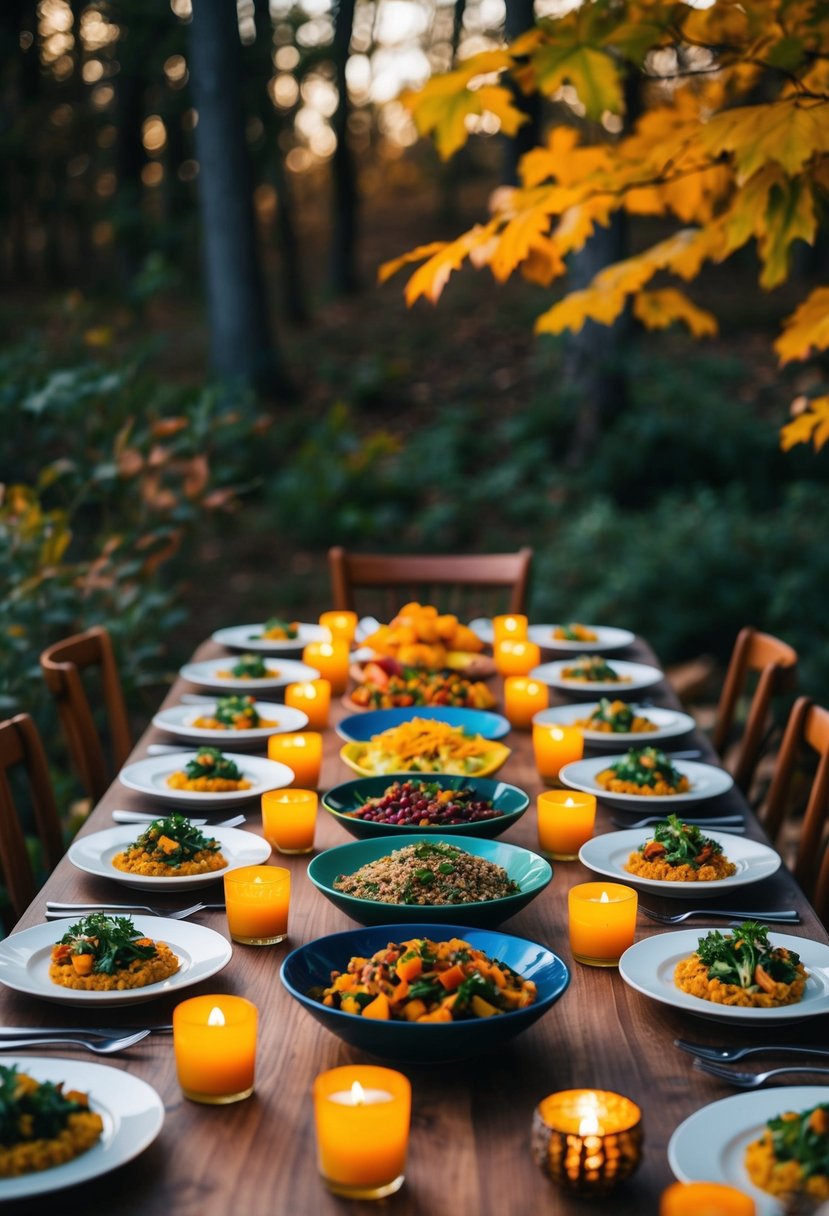 A table set with an array of colorful and hearty vegan dishes, surrounded by autumn foliage and warm candlelight