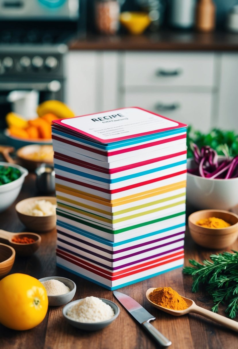 A collection of colorful recipe cards arranged neatly in a stack, with various ingredients and utensils scattered around them