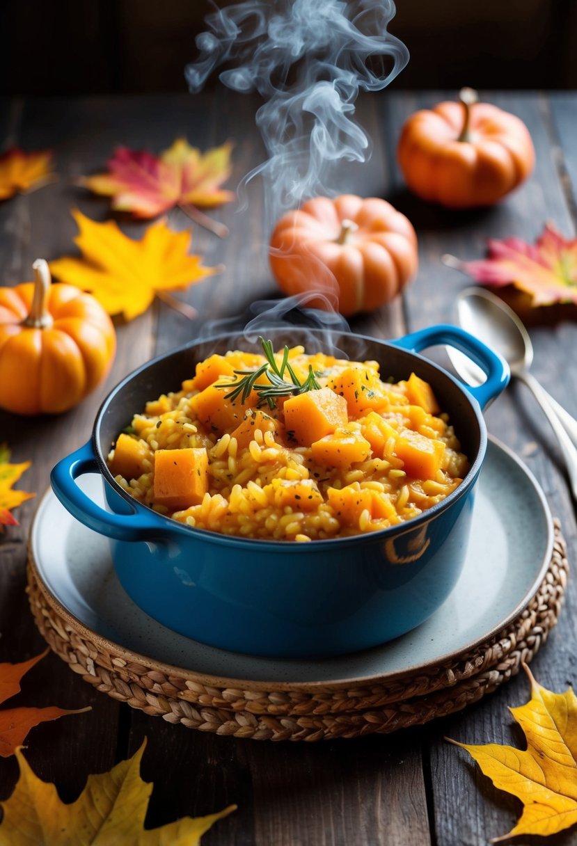 A steaming pot of butternut squash risotto sits on a rustic wooden table, surrounded by colorful autumn leaves and a warm, cozy ambiance