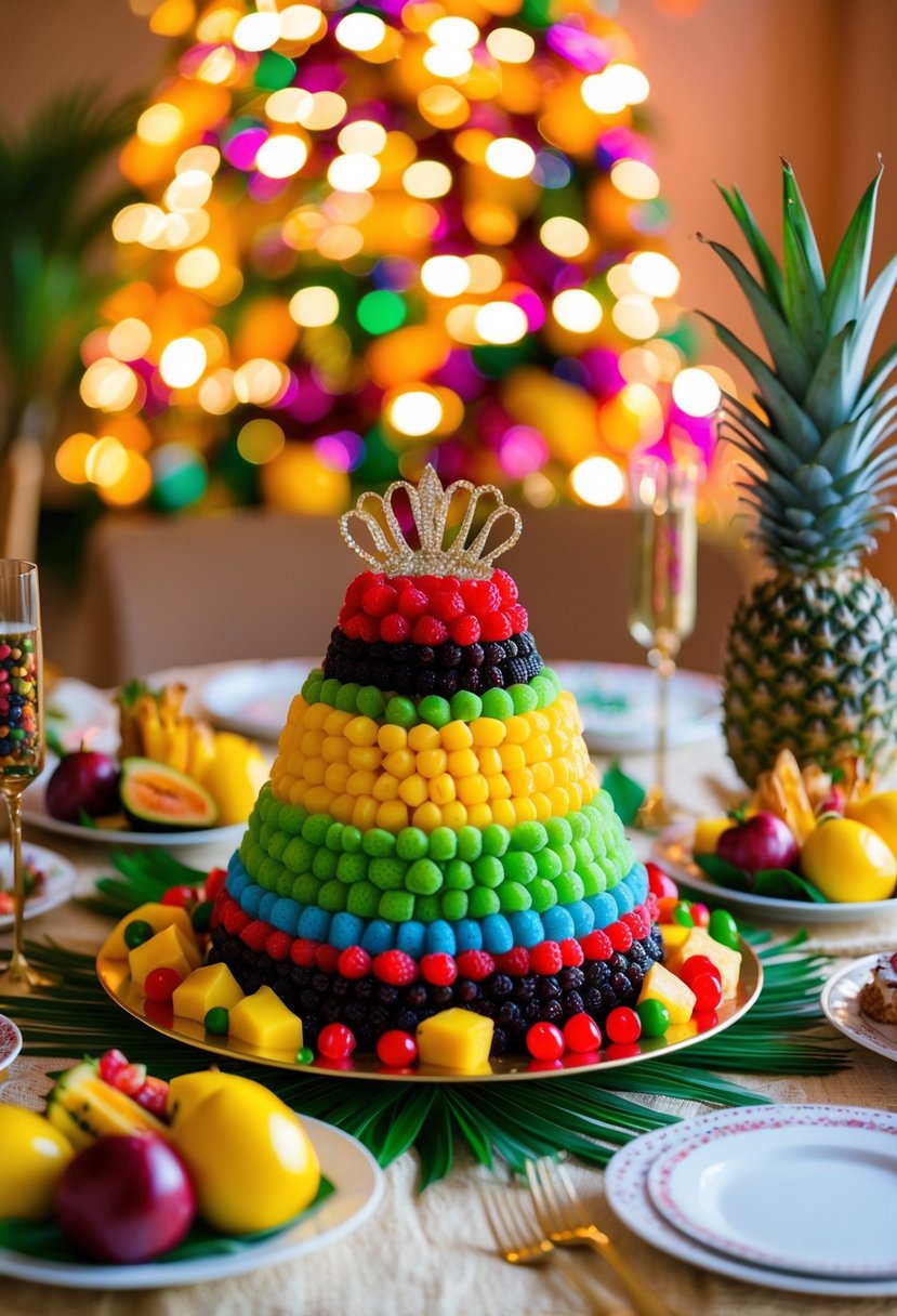 A festive table with a colorful Roscón de Reyes surrounded by tropical fruits and traditional Costa Rican desserts