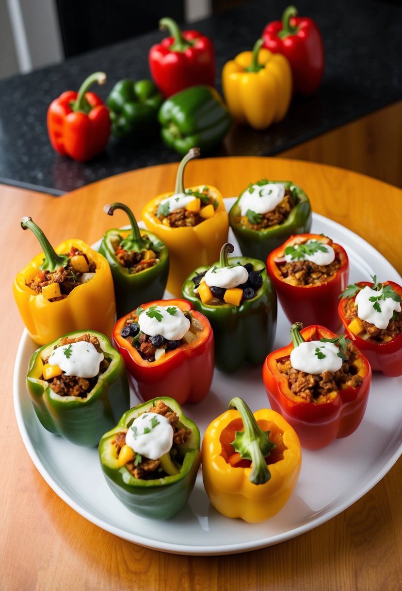 A colorful array of bell peppers stuffed with a variety of ingredients, arranged neatly on a white serving platter